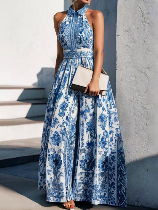 Women’s Maxi Dress – Halter Neck Collar – Flattering Fit – Breathable Blend – Printed Pattern