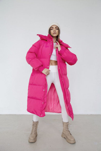 Women’s Long Puffer Trench Coat – Oversized Fit – Quilted Insulated – Hooded Zip Closure
