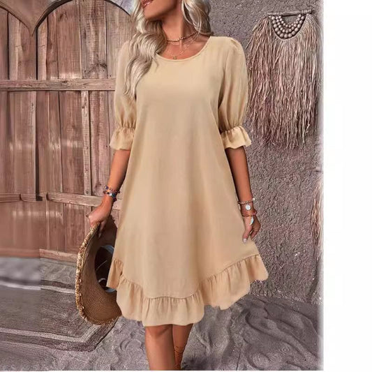 Women’s Midi Dress – Relaxed Fit – Ruffle Sleeves – Flowy Hem – Breathable Fabric