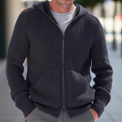 Men’s Hooded Cardigan – Relaxed Fit – Ribbed Knit – Long Sleeve Casual Wear