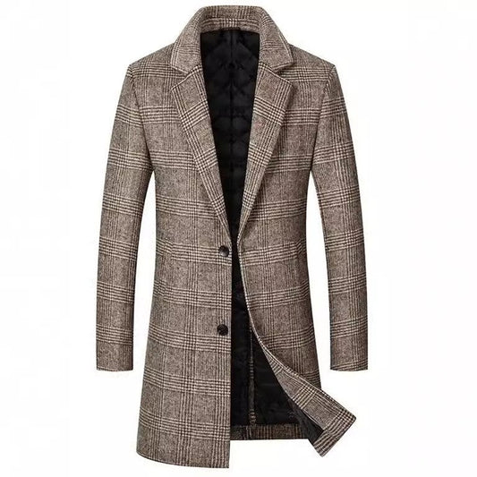 Men’s Overcoat – Slim Fit – Wool Blend – Plaid Pattern – Mid Length
