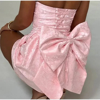 Women’s Mini Dress – Jacquard Fabric – Strapless Sweetheart Neck – Back Bow Detail