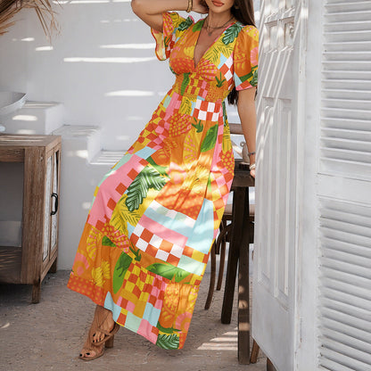 Women’s Maxi Dress – Lightweight Cotton – V-Neck – Relaxed Fit – Short Sleeve – High Waist