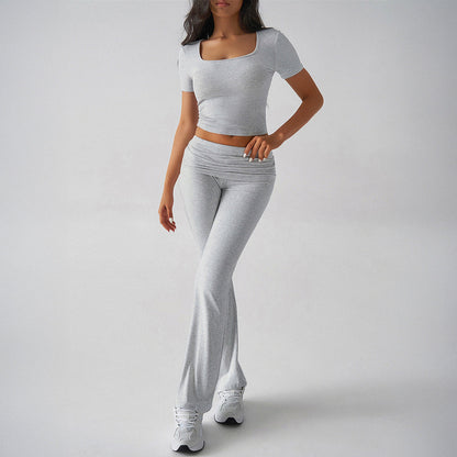 Women’s Two-Piece Set – Slim Fit Crop Top & Flared Trousers – Stretch Soft Fabric