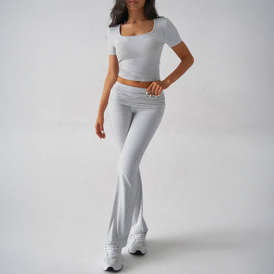 Women’s Two-Piece Set – Slim Fit Crop Top & Flared Trousers – Stretch Soft Fabric