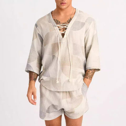 Men’s Shirt and Shorts Set – Lace-Up Neck – Relaxed Fit – Breathable Cotton Blend