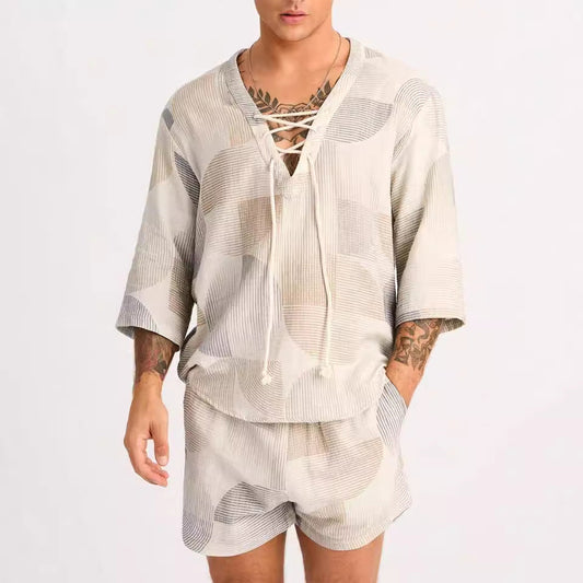 Men’s Shirt and Shorts Set – Lace-Up Neck – Relaxed Fit – Breathable Cotton Blend