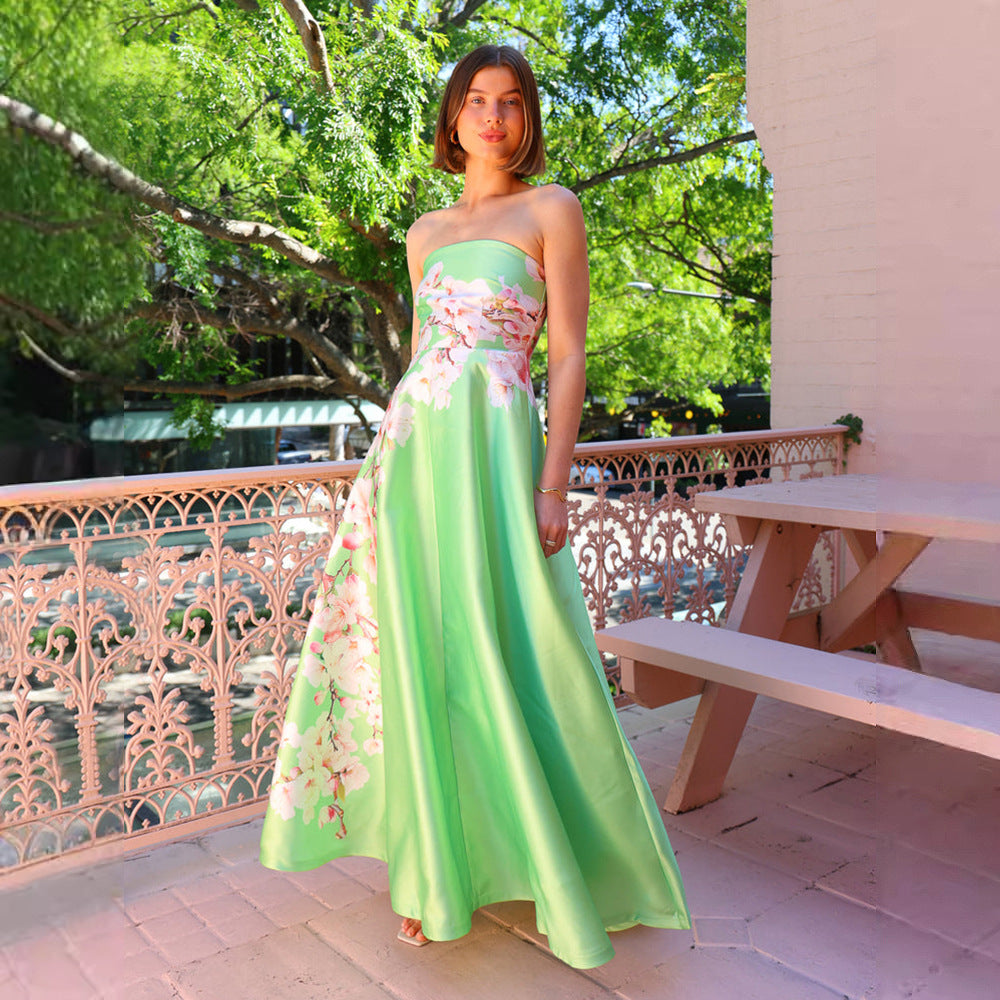 Women’s Evening Gown – Strapless Satin – Floral Print – Slim Fit A-Line Long Dress