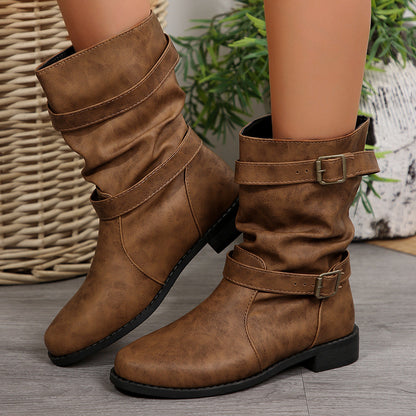 Women’s Mid-Calf Boots – Faux Leather – Buckle Straps – Distressed Vintage Style