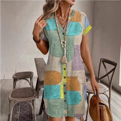Women’s V-Neck Dress – Relaxed Fit – Geometric Print – Button Down – Breathable Blend