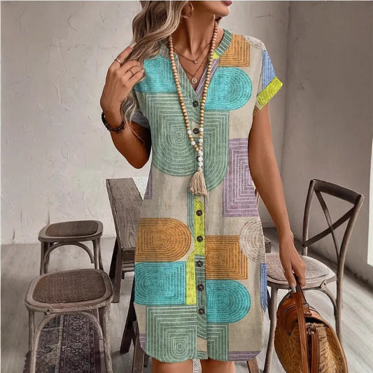 Women’s V-Neck Dress – Relaxed Fit – Geometric Print – Button Down – Breathable Blend