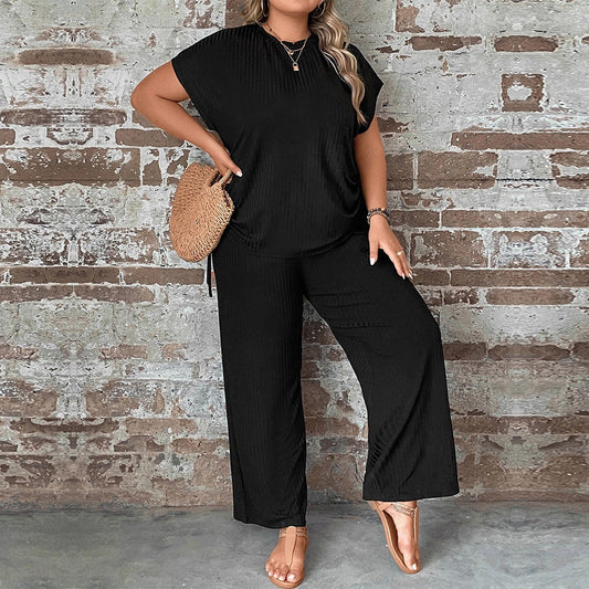 Women’s Two-Piece Set – Relaxed Fit – Wide Leg Trousers – Short Sleeve Top