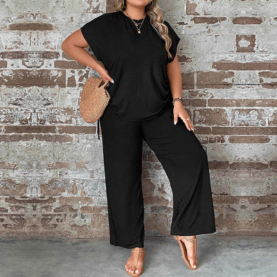 Women’s Two-Piece Set – Relaxed Fit – Wide Leg Trousers – Short Sleeve Top