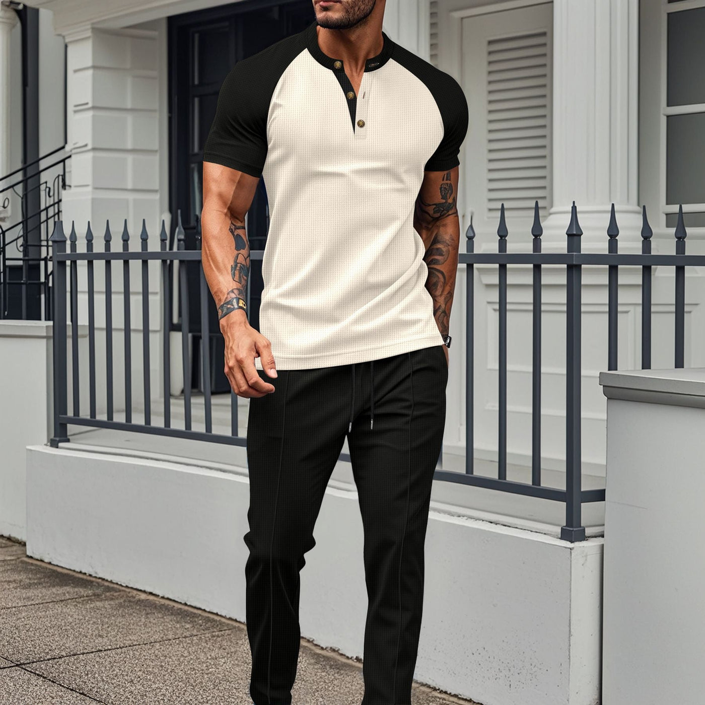 Men’s Two-Piece Set – Short Sleeve Top – Slim Fit – Raglan Sleeves – Straight Leg Pants – Cotton Blend