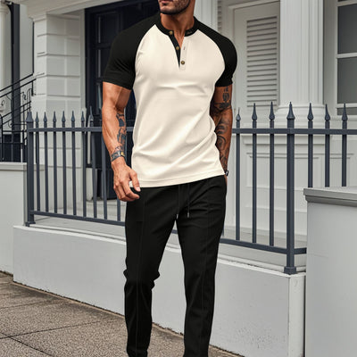 Men’s Two-Piece Set – Short Sleeve Top – Slim Fit – Raglan Sleeves – Straight Leg Pants – Cotton Blend