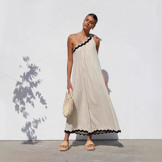 Women’s Maxi Dress – One Shoulder – Tie Strap – Relaxed Fit – Scalloped Hem – Breathable