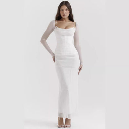 Women’s Sheath Dress – Slim Fit – Mesh Sleeves – Lace Detail – Backless – Full Length