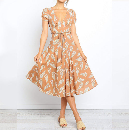 Women’s Midi Dress – Adjustable Fit – V-Neck – Leaf Print – Short Sleeve – Breathable Blend