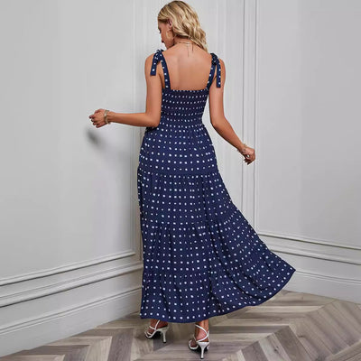 Women’s Maxi Dress – Smocked Bodice – Tie Straps – Tiered Skirt – Backless Elegant Fit