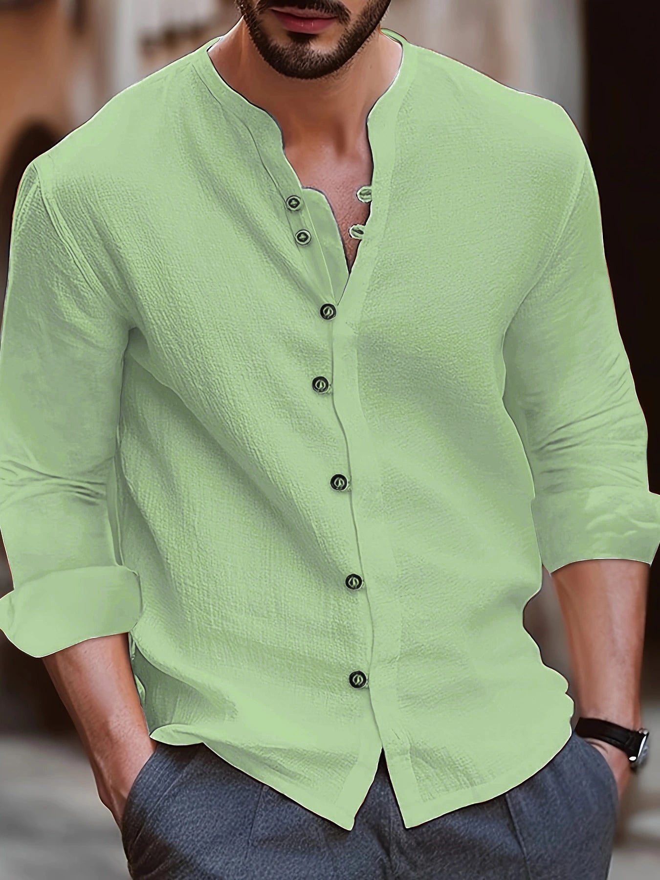 Men’s Long Sleeve Shirt – Cotton Linen Blend – Relaxed Fit – Band Collar – Button Up