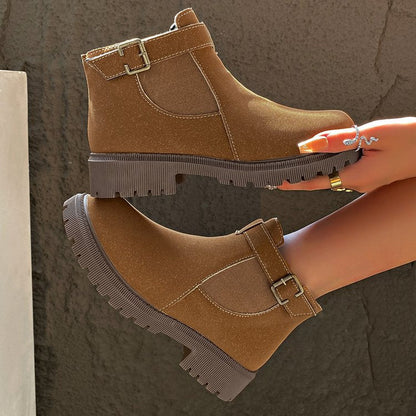 Women’s Ankle Boots – Faux Leather – Chunky Sole – Round Toe – Retro Buckle Detail