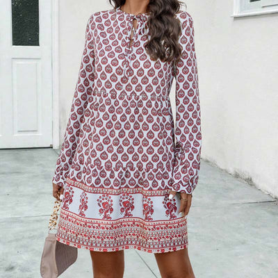 Women's Boho Midi Dress - Flowy Fit - Long Sleeve - Keyhole Neckline - Printed Pattern