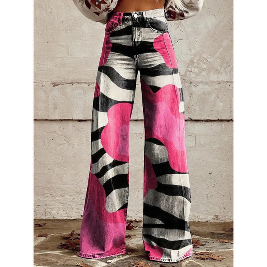 Women's Retro Chic Wide-Leg Pants - Geometric Pattern - Vibrant Colors - Casual Elegance