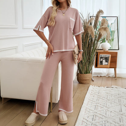 Women’s Lounge Set – Soft Knit – Relaxed Fit – Wide-Leg Pants – Contrast Trim
