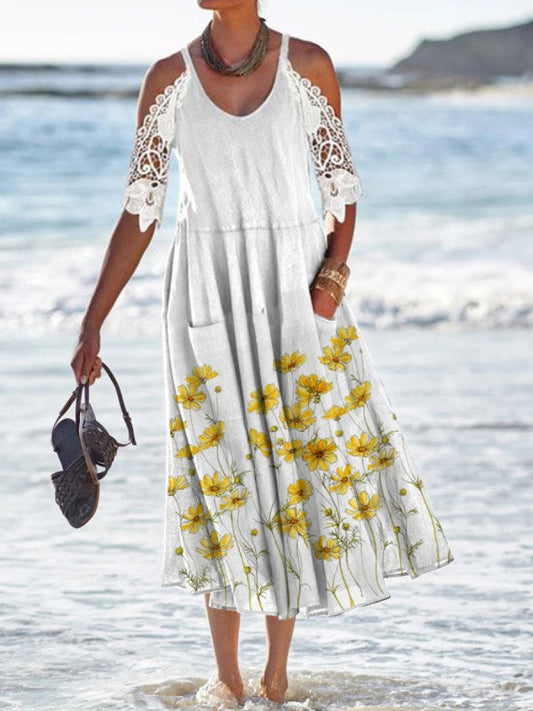 Women’s Maxi Dress – Flowing Fit – Cold Shoulder – Lace Sleeves – Floral Hem – Breathable Fabric