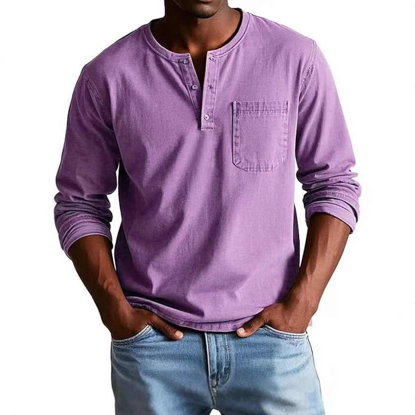 Men’s Long Sleeve T-Shirt – Slim Fit – Breathable Blend – Button Neck with Pocket