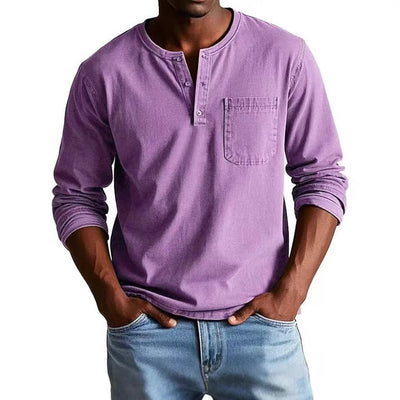 Men’s Long Sleeve T-Shirt – Slim Fit – Breathable Blend – Button Neck with Pocket