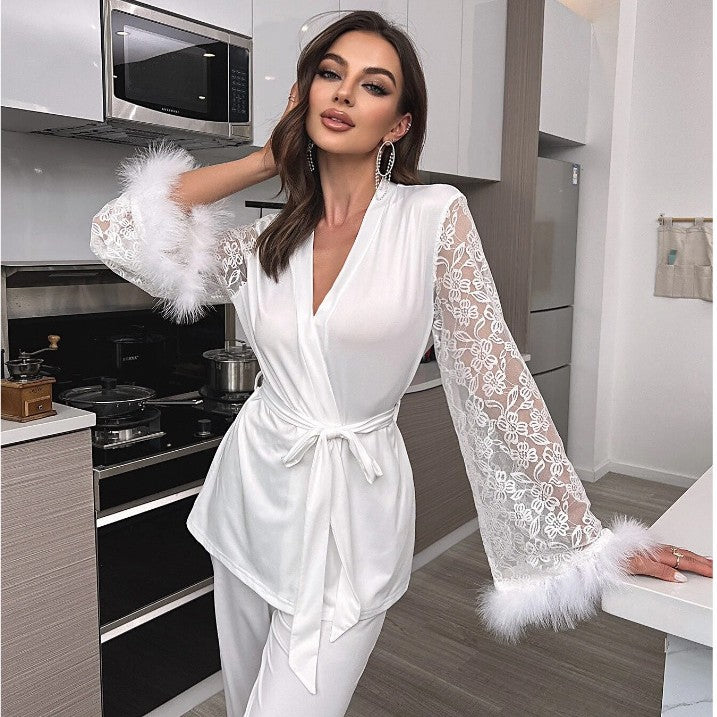 Women’s Pajama Set – Satin Look – Lace Sleeves – Faux Fur Trim – Relaxed Fit