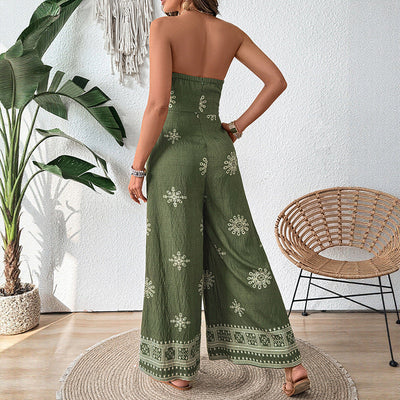 Women’s Strapless Jumpsuit – Cotton Linen Blend – Wide Leg – Self-Tie Waist – Printed Hem
