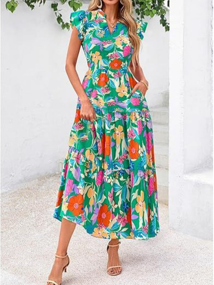 Women’s Mid-Length Dress – V-Neck – Flutter Sleeves – Relaxed Fit – Breathable Blend – Printed Pattern