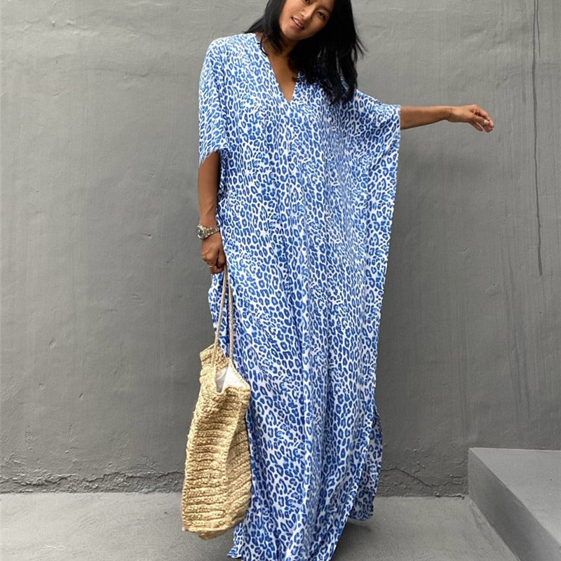 Women’s Kaftan Dress – Relaxed Fit – V-Neck – Animal Print – Breathable Blend