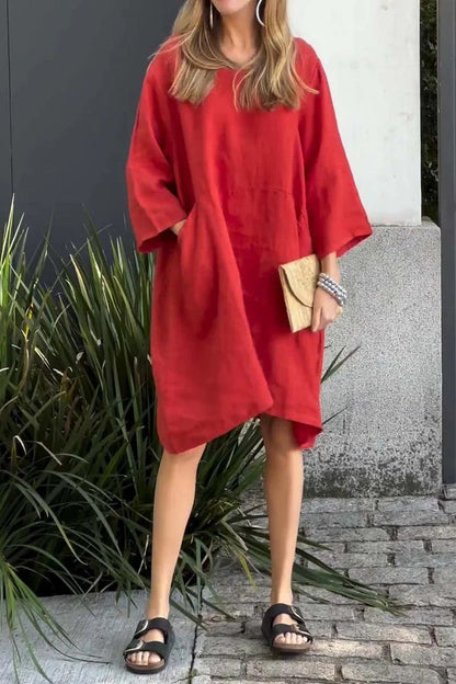 Women’s Dress – Relaxed Fit – Cotton Linen – 3/4 Sleeve – Knee Length – Pockets