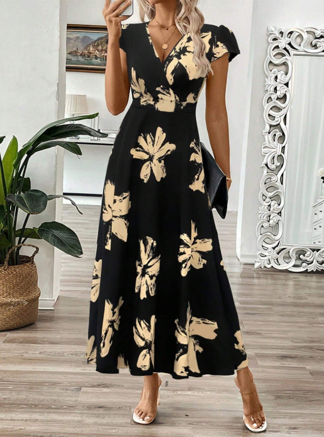 Women’s Maxi Dress – V-Neck Wrap Bodice – Floral Print – Flared Fit – Cap Sleeves