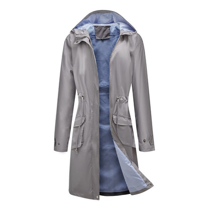 Women’s Longline Hooded Jacket – Relaxed Fit – Water-Resistant – Adjustable Waist – Pockets