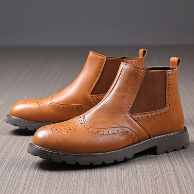 Men’s Chelsea Boots – Polished Leather – Brogue Detailing – Slip-On Ankle Fit