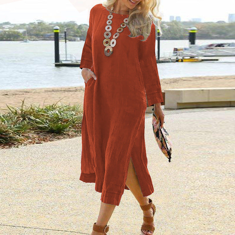 Women’s Shirt Dress – Relaxed Fit – Long Sleeve – Midi Length – Lightweight Woven – Pockets