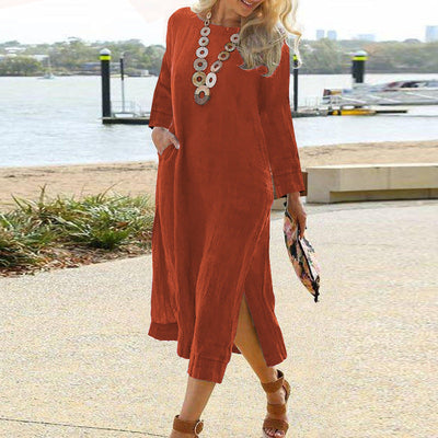 Women’s Shirt Dress – Relaxed Fit – Long Sleeve – Midi Length – Lightweight Woven – Pockets