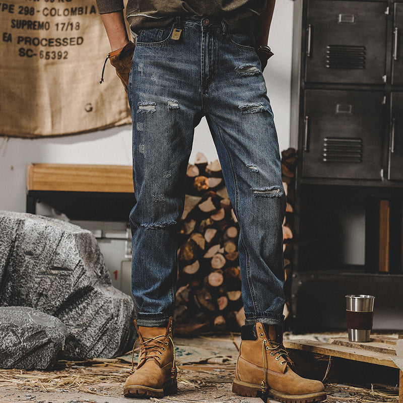 Men’s Jeans – Relaxed Fit – Straight Leg – Distressed Stone-Washed Denim – Casual Wear