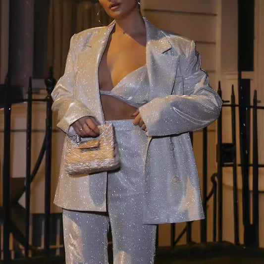 Women’s Blazer Set – Oversized Fit – Shimmer Fabric – Padded Shoulders – Notched Lapel