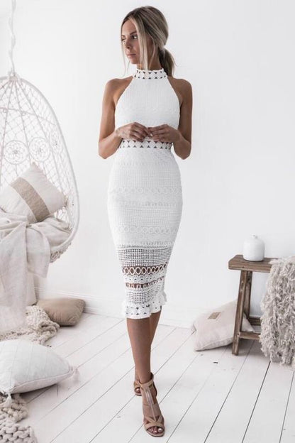 Women’s Midi Dress – Slim Fit – Halter Neck – Sheer Lace – Crochet Detailing