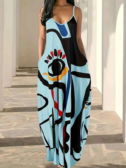 Women’s Maxi Dress – Abstract Print – Spaghetti Strap – Loose Fit – Cotton Blend