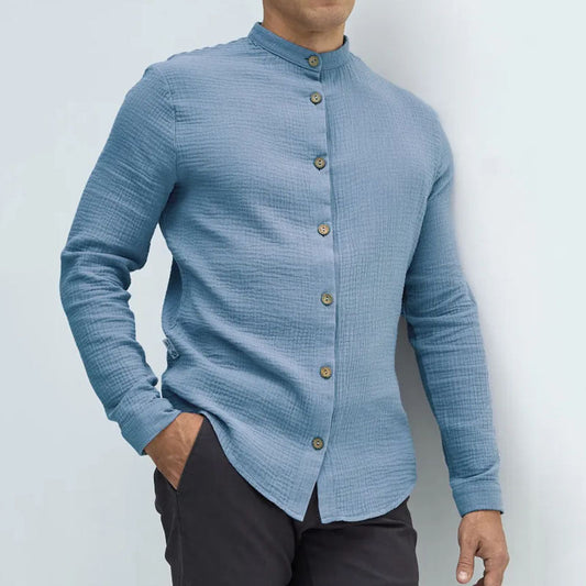Men’s Button-Up Shirt – Regular Fit – Mandarin Collar – Long Sleeve