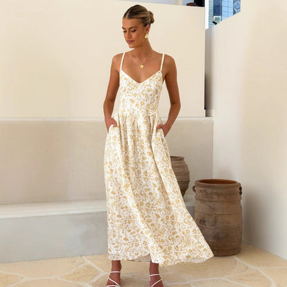 Women’s Maxi Dress – Floral Print – V-Neck – Sleeveless – Flared Fit – Back Bow Tie