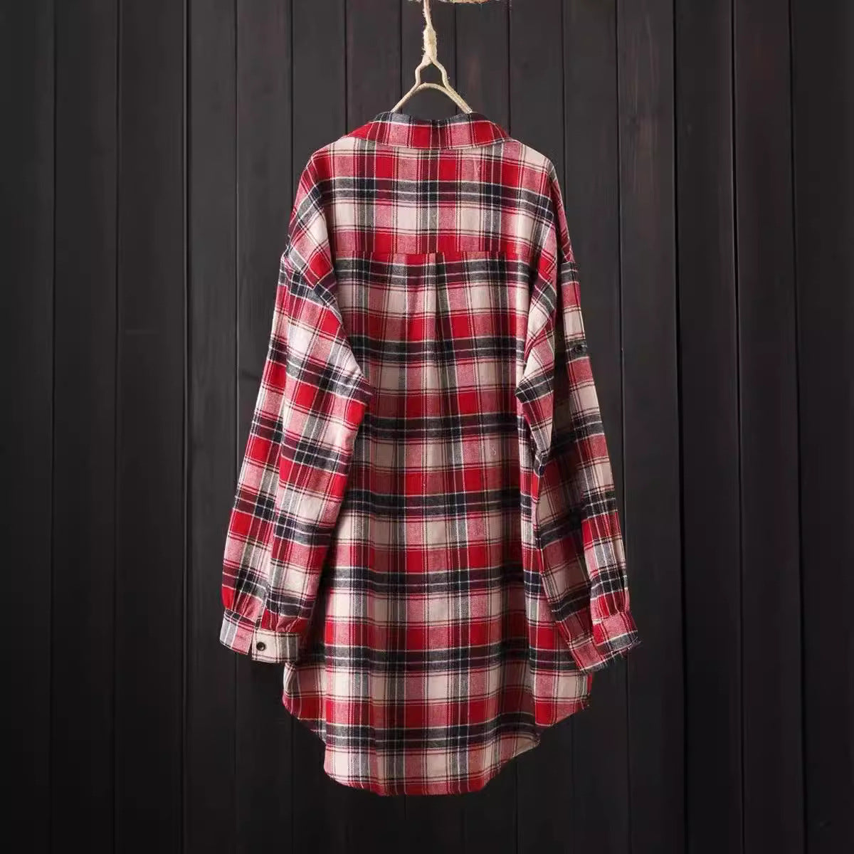 Plaid button-up longline shirt for women