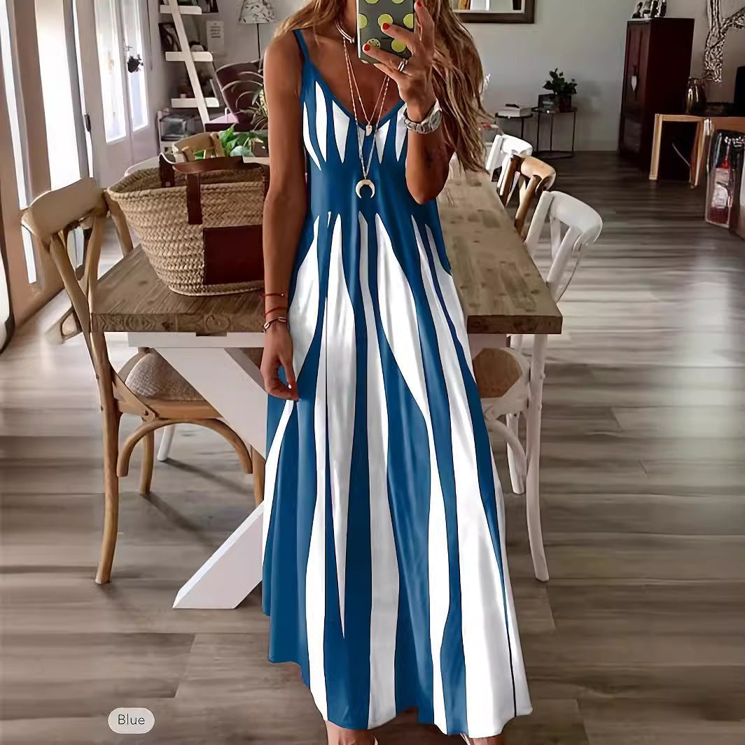Women’s Maxi Dress – V-Neck – Vertical Stripes – Adjustable Straps – Flowy A-Line Fit – Cotton Blend