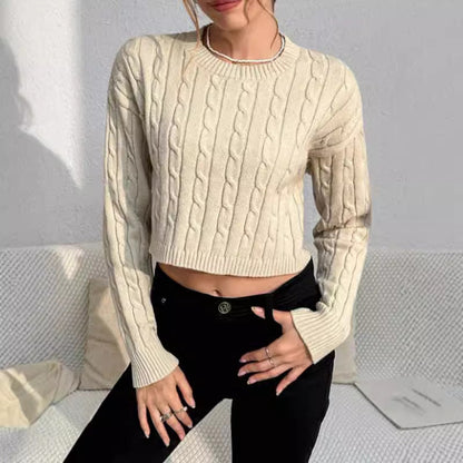 Women’s Pullover Sweater – Cable Knit Wool Blend – Cropped Slim Fit – Long Sleeve Casual